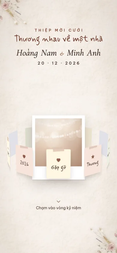 Bìa mẫu thiệp Vòng Kỷ Niệm: vòng thẻ kỷ niệm xoay 3D quanh ảnh polaroid